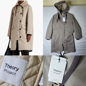 $1195 THEORY OVERSIZED COTTON QUILTED PARKA TAUPE TAN LONG COAT S SMALL NEW NWT